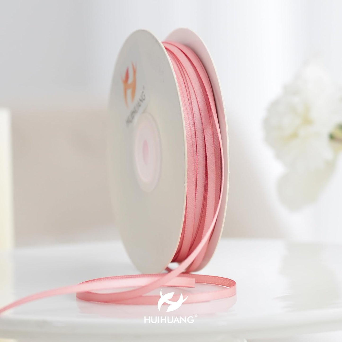 HUIHUANG 1/8 inch Blush Pink Satin Ribbon, 100 Yards Roll, Luxurious Double Face Satin, Polyester, Multi-purpose Occasions, Gift Wrapping, DIY Bows, Decoration, Sewing, Invitations