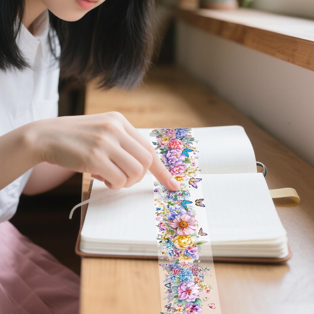 1 Roll Colorful Floral Washi Tape for Scrapbooking Scrap Booking Supples Kit Cute Butterfly Tapes Sticker Spring Flower Washi Tapes Transparent PET Tape Stickers for Journaling Junk Journal supplies