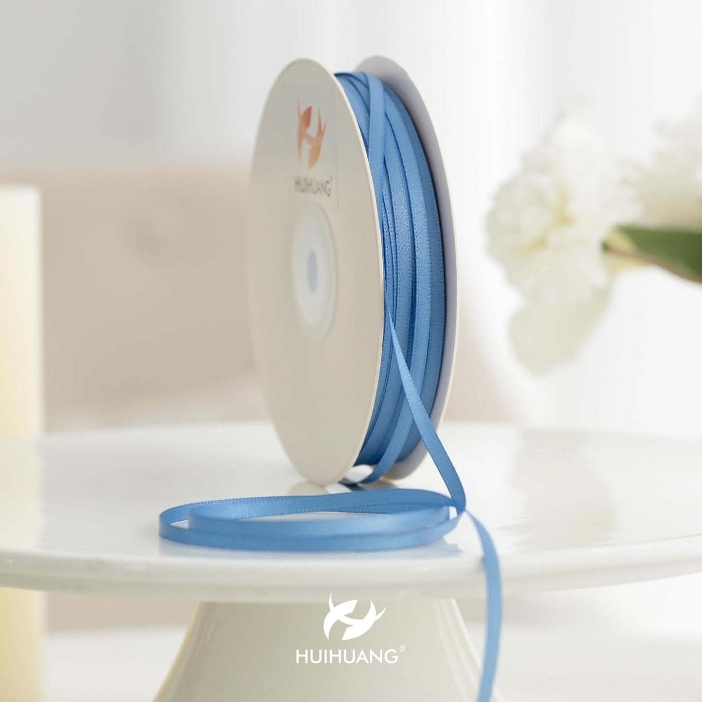 HUIHUANG 1/8" Smoke Blue Ribbon Continuous 100 Yards Solid Color Double Faced Thin Ribbon Silk Satin Ribbon for Wedding Invitation Cards Crafts Sewing Hanging Tags Gift Wrap