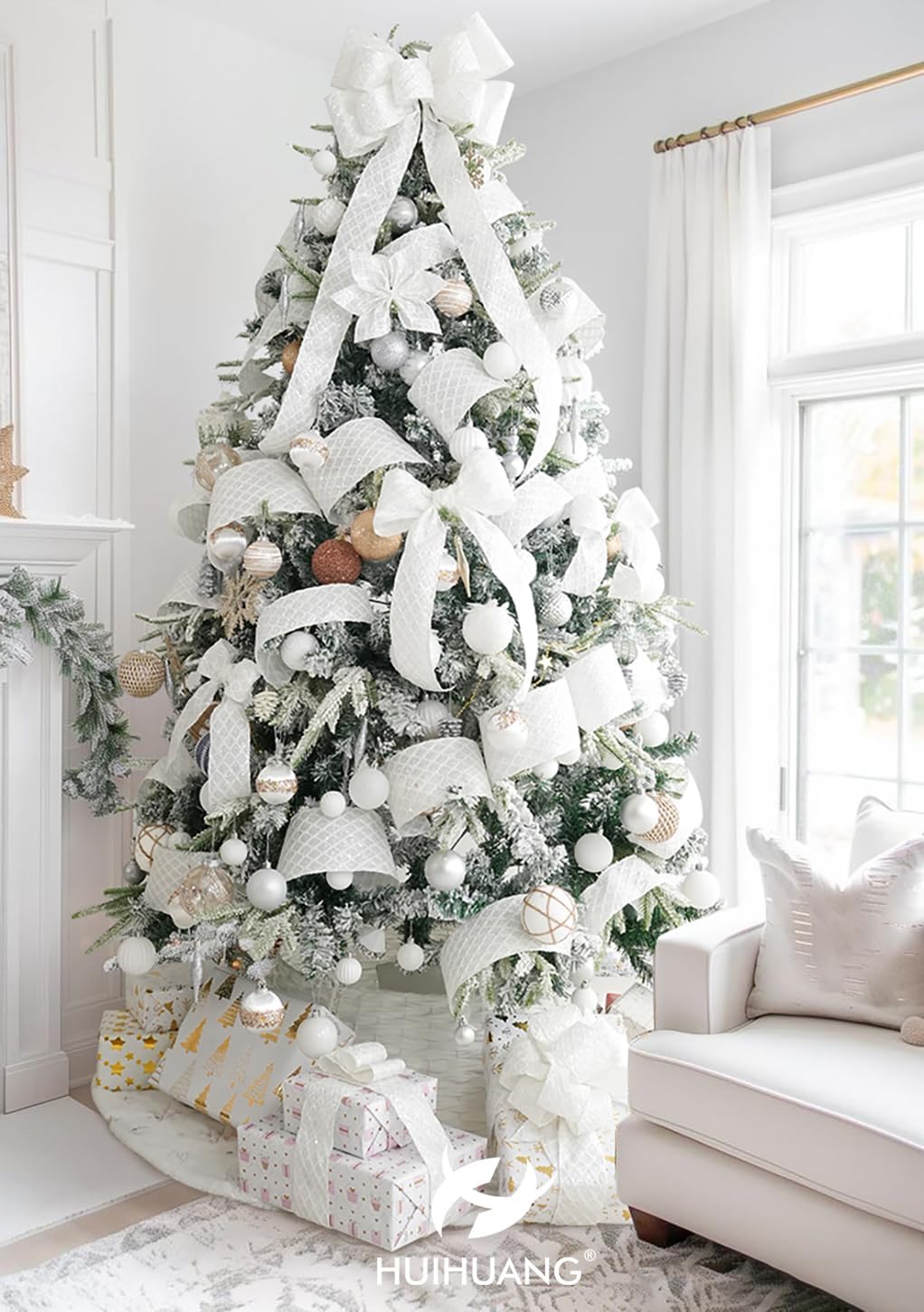 HUIHUANG White Glitter Wired Ribbon, 4 Inch x 30 Ft, Geometric Pattern, Polyester Material, Christmas Occasion