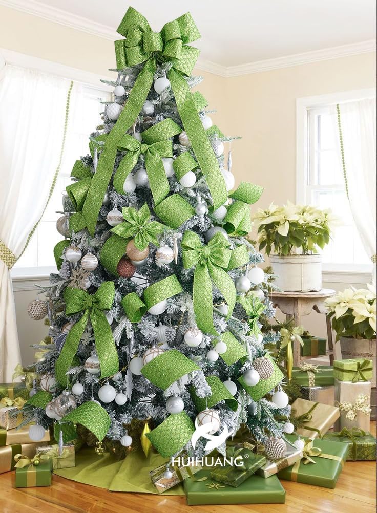 HUIHUANG Lime Green Glitter Wired Ribbon - 4 inch x 10 Yards (30 Feet) - Polyester Material - Perfect for Christmas, Halloween & More - Geometric Pattern - Wired Edges for Easy Shaping