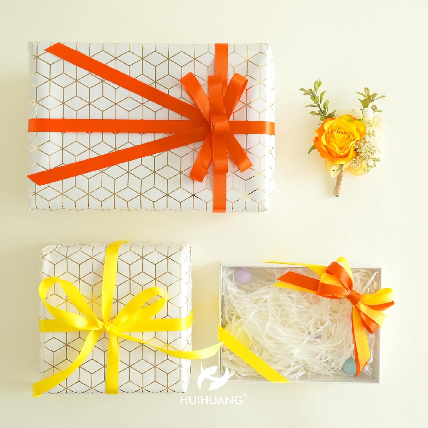 HUIHUANG Yellow Ribbon 1/2 inch Continuous 50 Yards Double-Faced Satin Ribbon for Gift Wrapping, Bows, DIY Crafts, Flower Bouquet, Wedding Decor, Holiday Decor