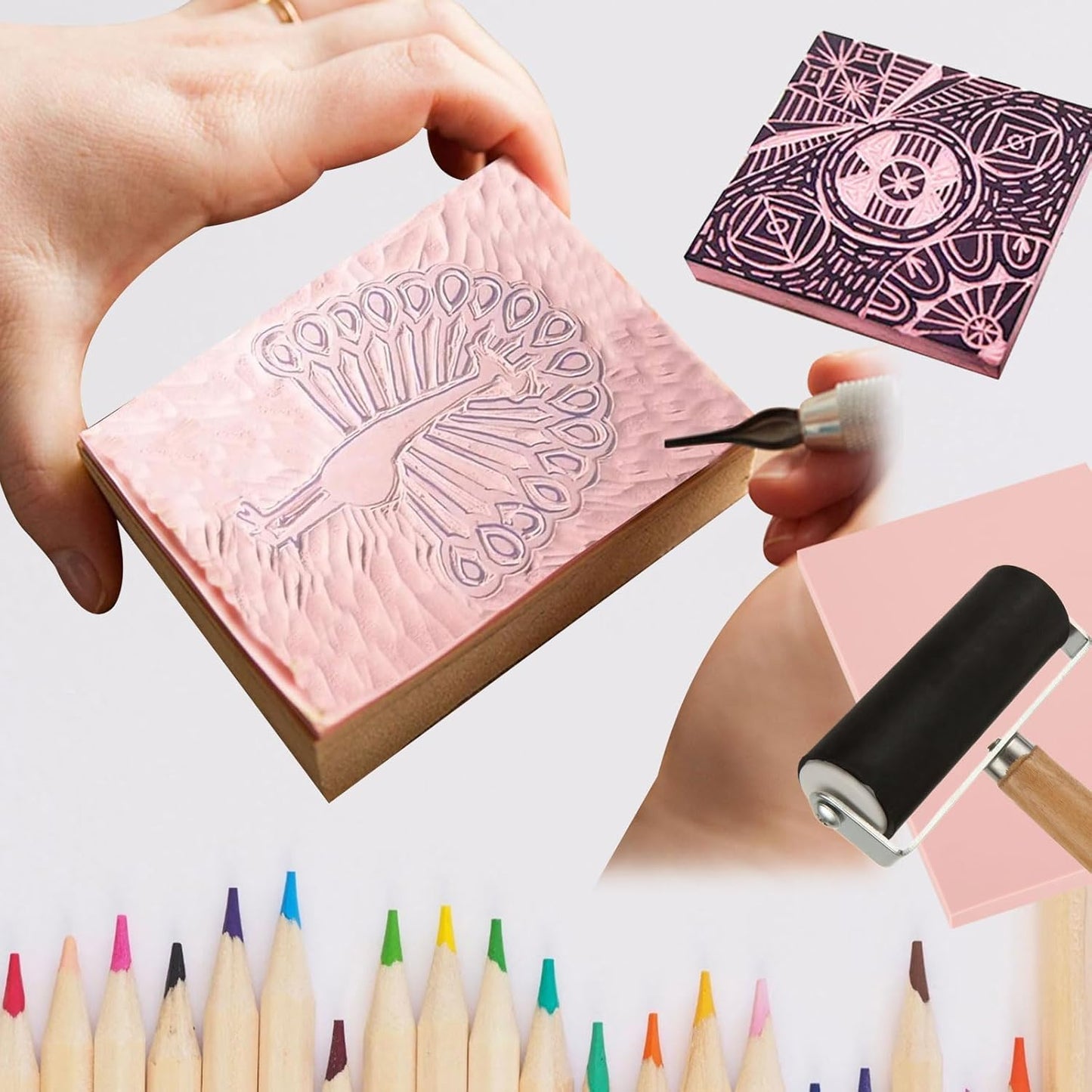 10 Pack Rubber Stamp Making Kit - Block Printing Kit,Linoleum Carving Tools with 8 Type Blades, 8 Pcs Pink Rubber Carving Block and Rubber Brayer Roller