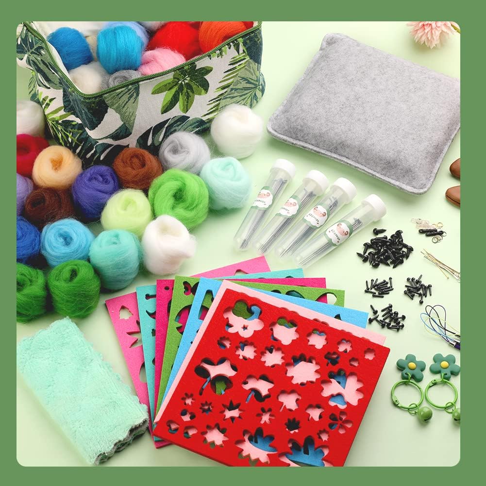 IMZAY Needle Felting Kit, Wool Roving 50 Colors Set with Exquisite Green Storage Bag, Needle Felting Starter Kit, Needle Felting Tools Kit, Wool Felt Tools for Felted Animal Needle Felting Supplies
