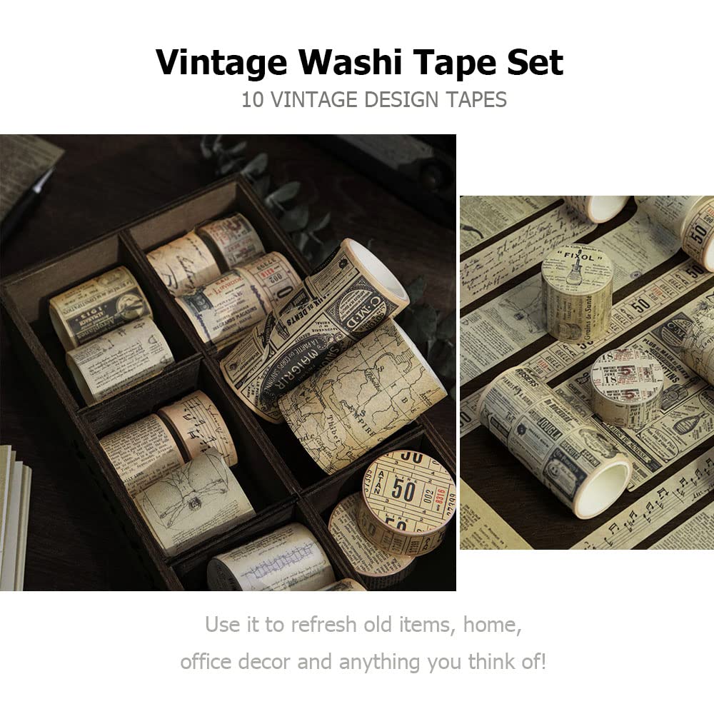 10 Rolls (Totally 98ft/30m) Vintage Washi Tape Set, Masking Tape Nostalgic Style Decor Sticker for DIY Craft Scrapbooking Bullet Journal Planner Gift Wrapping