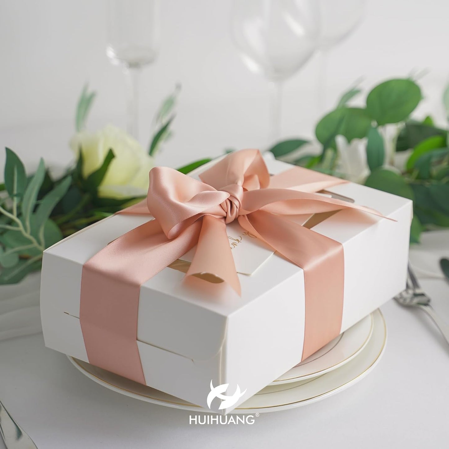 HUIHUANG Rose Gold Pink Ribbon for Wedding, 2" Double Face Misty Rose Satin Ribbon for Flower Bouquet, Dress Chair Sashes, Invitations Card, Gift Wrapping, Bows, Crafts, Holiday Decor -25 Yards/Roll