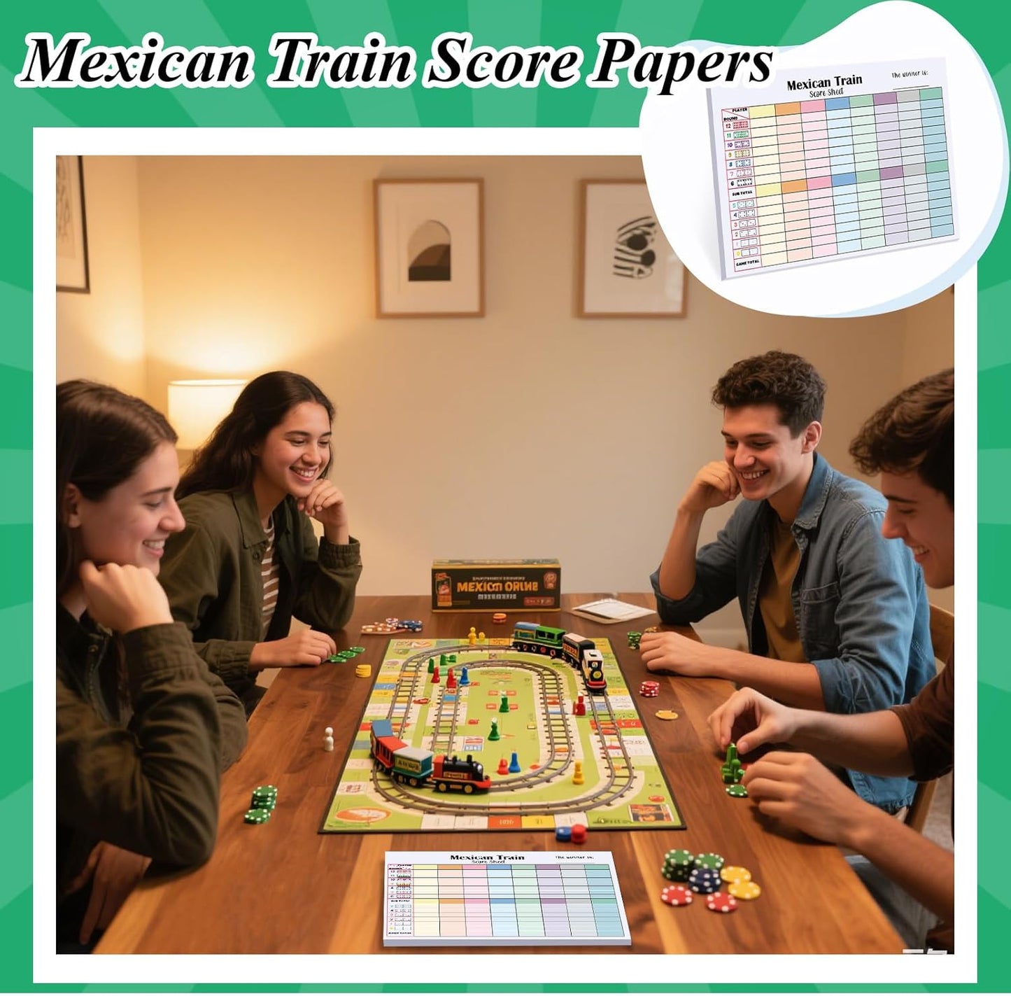 1 Pack 60 Sheets Mexican Train Score Pads Colorful Chicken Foot Dominoes Game Scorepad Adult Mexican Train Score Sheet Scoreboard Paper Record Clearly for Family Game (6.7 x 5 Inches)