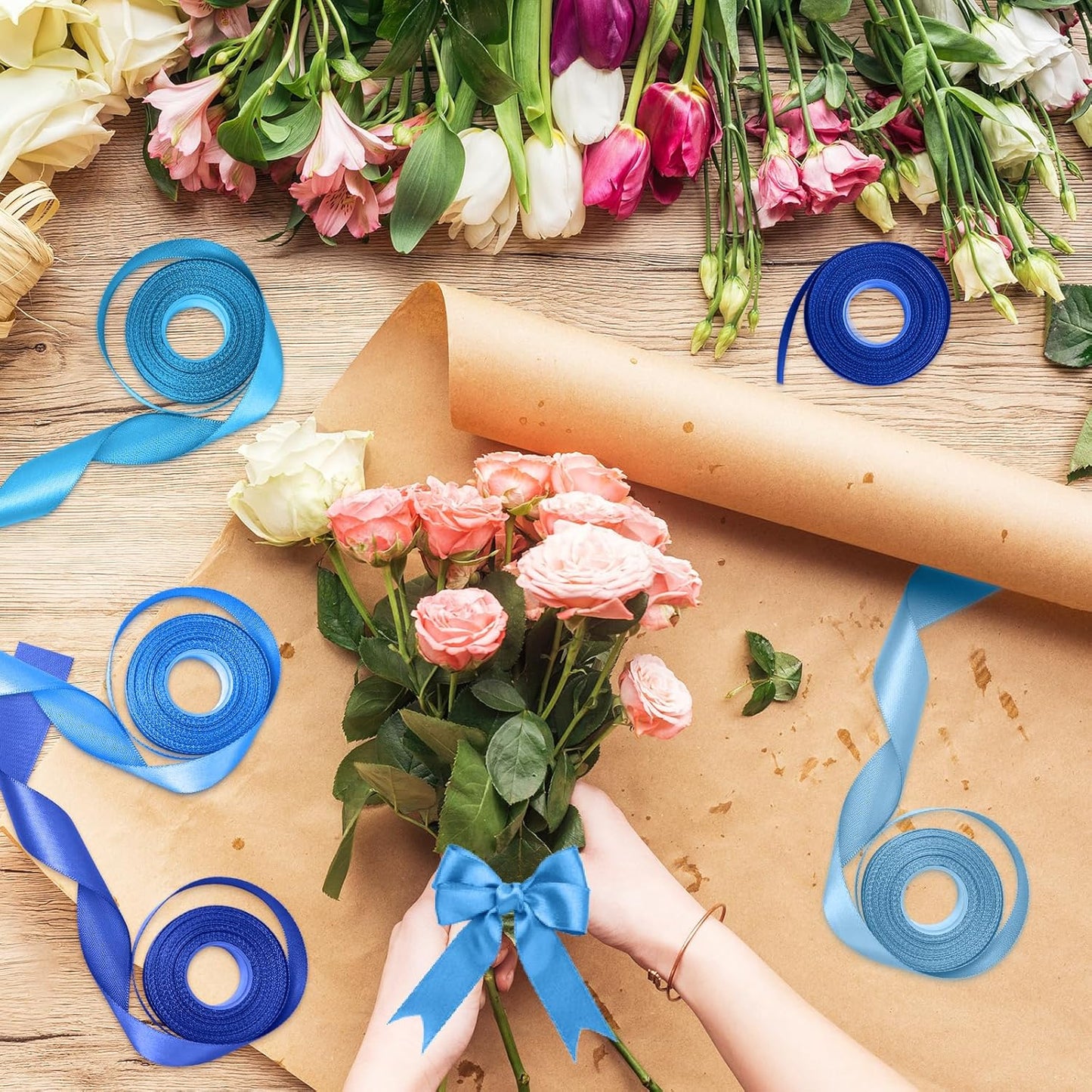 1-1/2 Inch Blue Satin Ribbons for Crafts, 6 Rolls Single-Faced Blue Assorted Ribbons for Gift Wrapping Flower Bouquet Wedding Invitations Bridal Shower Hair Bows Garland Party Decor