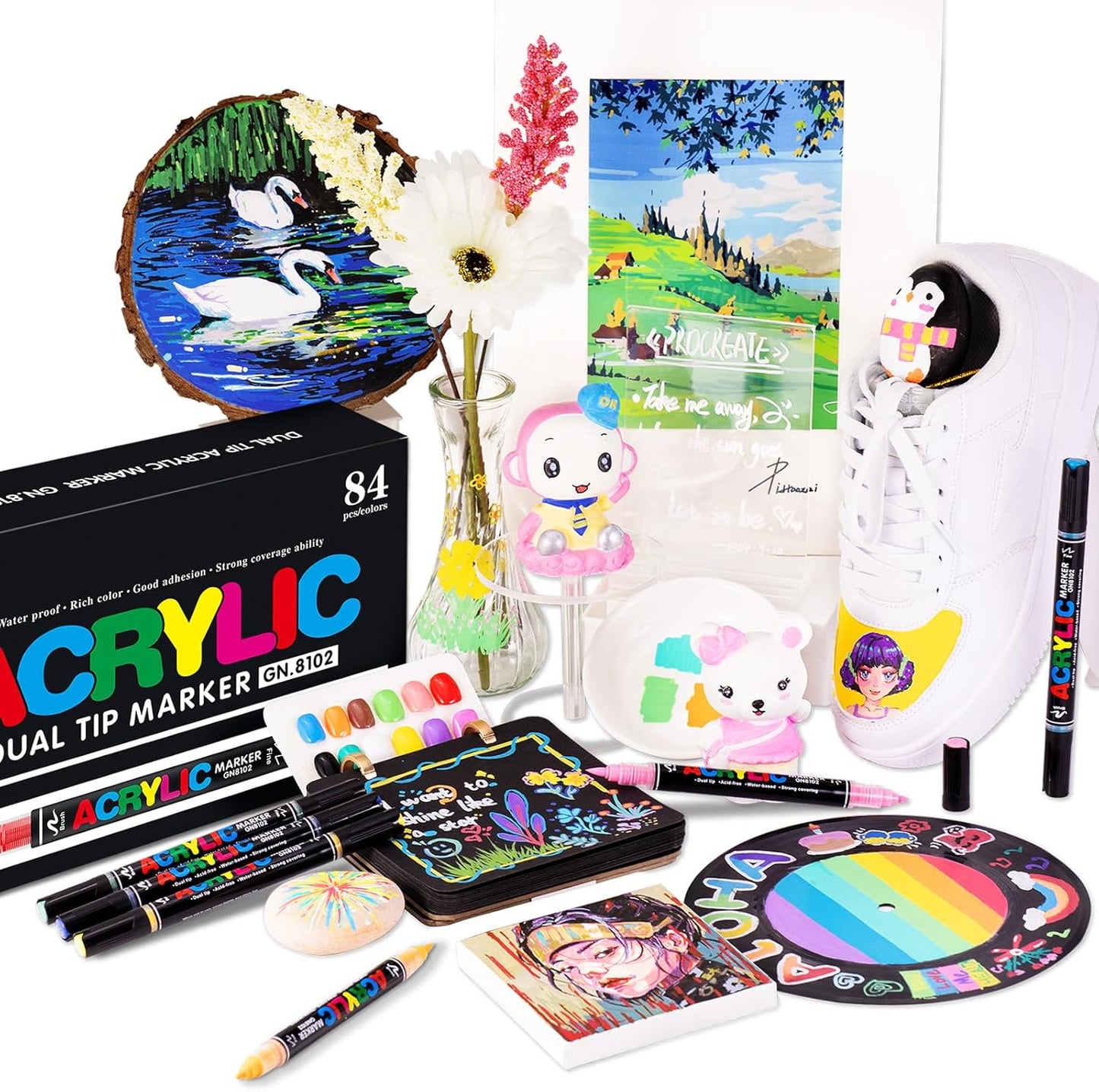 Guangna 60 Colors Acrylic Paint Markers, Dual Tip Paint Markers Pens Set with Soft Brush Tip, Multifunctional Fine Tip Markers for Wood, Canvas, Rock Painting,Glass,Diy Crafts Art Supplies, Waterproof