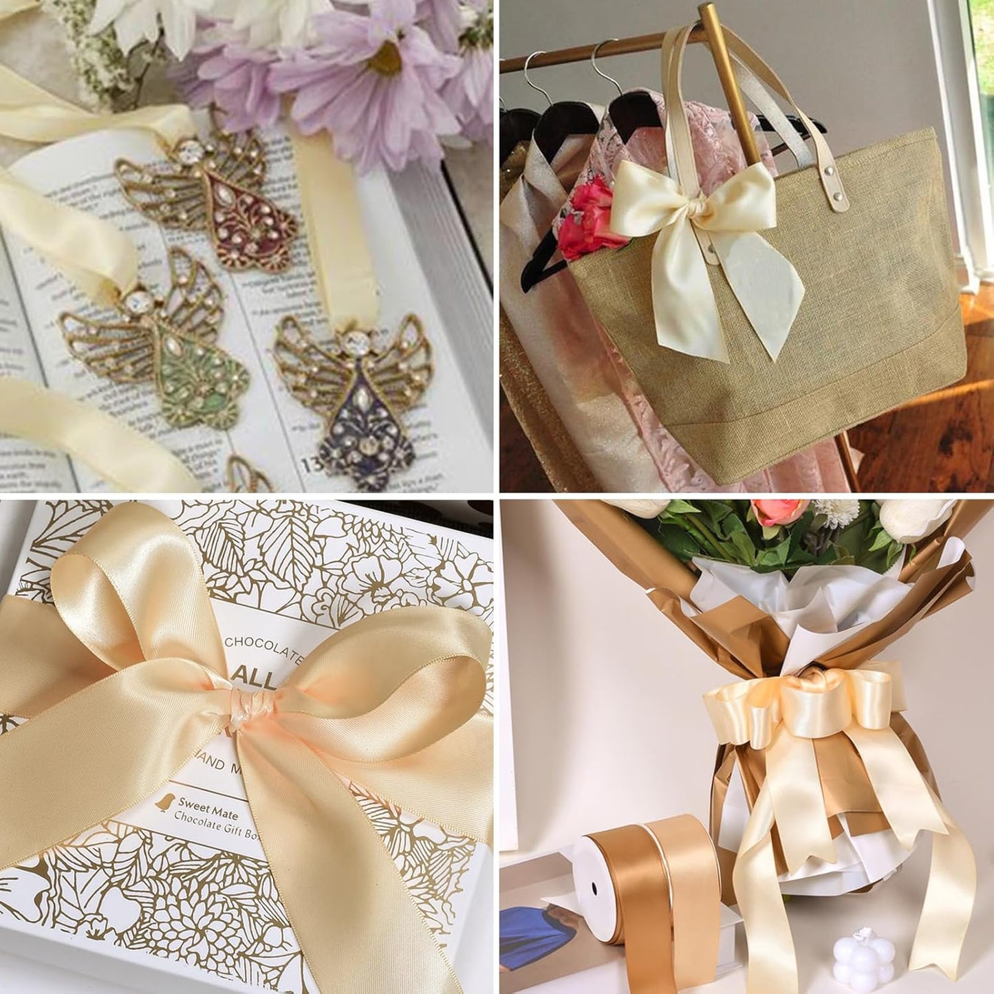 1" x 100 Yards Champagne Polyester Satin Ribbon Single Faced Bulk Fabric Ribbons for Gift Wrapping, Crafting, Bows Making, Flower Bouquet, Wedding, Home Decor