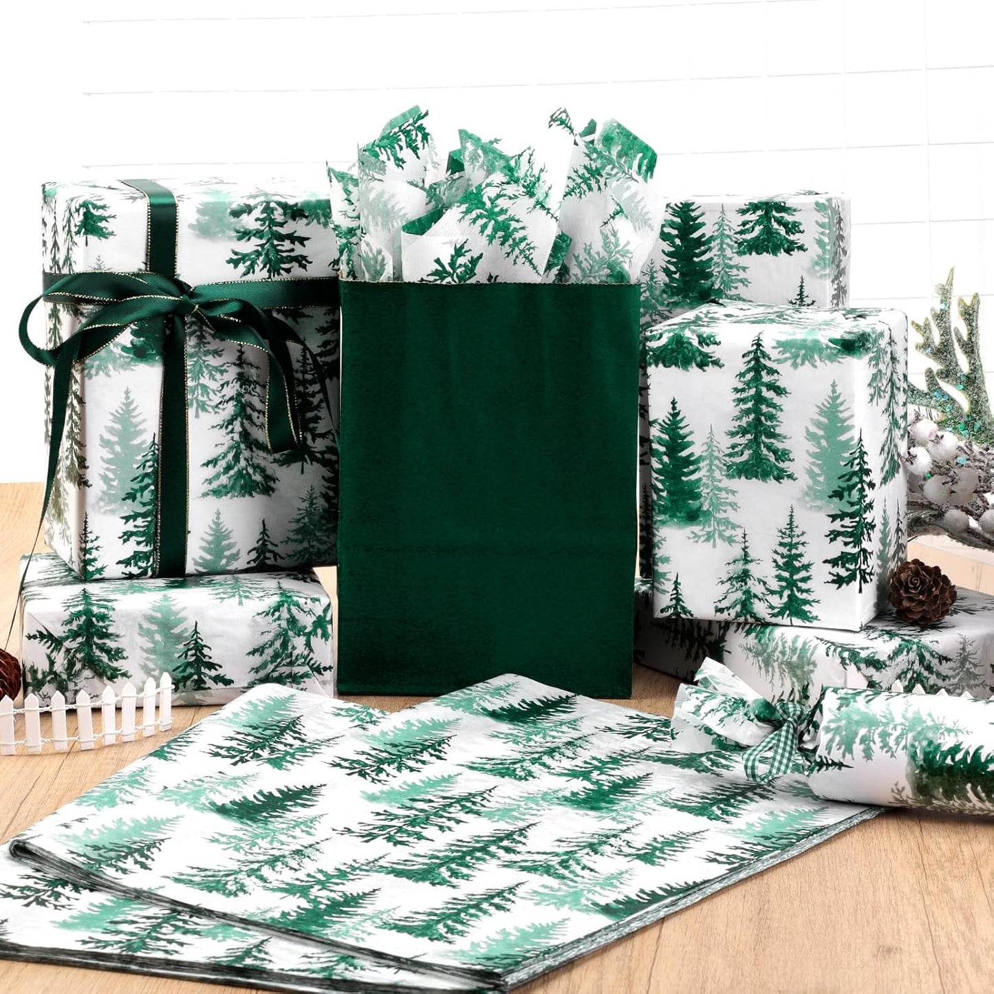 100 Sheets Christmas Tree Tissue Paper, 20x14in Forest Style Wrapping Tissue Watercolor Xmas Tree Art Tissue for Xmas Party Gift Bag Fillers Winter Party Decor (Blush Green)