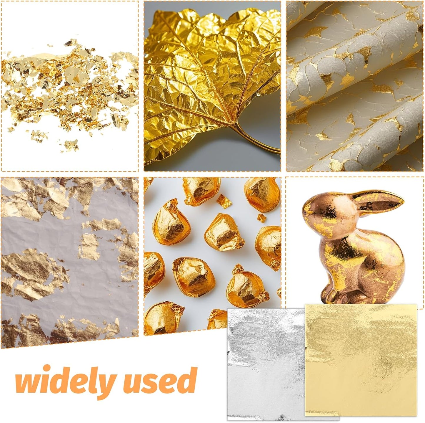 100 Pcs 5.5" X 5.5" Gold Leaf Sheets for Art Foil Paper, Gold & Silver Foils Sheets, Foil Paper Art Foils Sheet for Resin Gilding Crafting Nails Furniture Home Decor with Tweezer & Brush