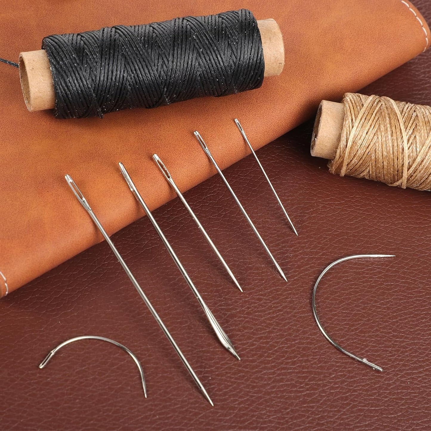 110Yards Waxed Thread with 7 Pcs Leather Needles for Hand Sewing 150D Flat Sewing Waxed Thread Leather Repair Needles for Sewing Upholstery Leather Canvas Bags Sofa Furniture(Black+Khaki)