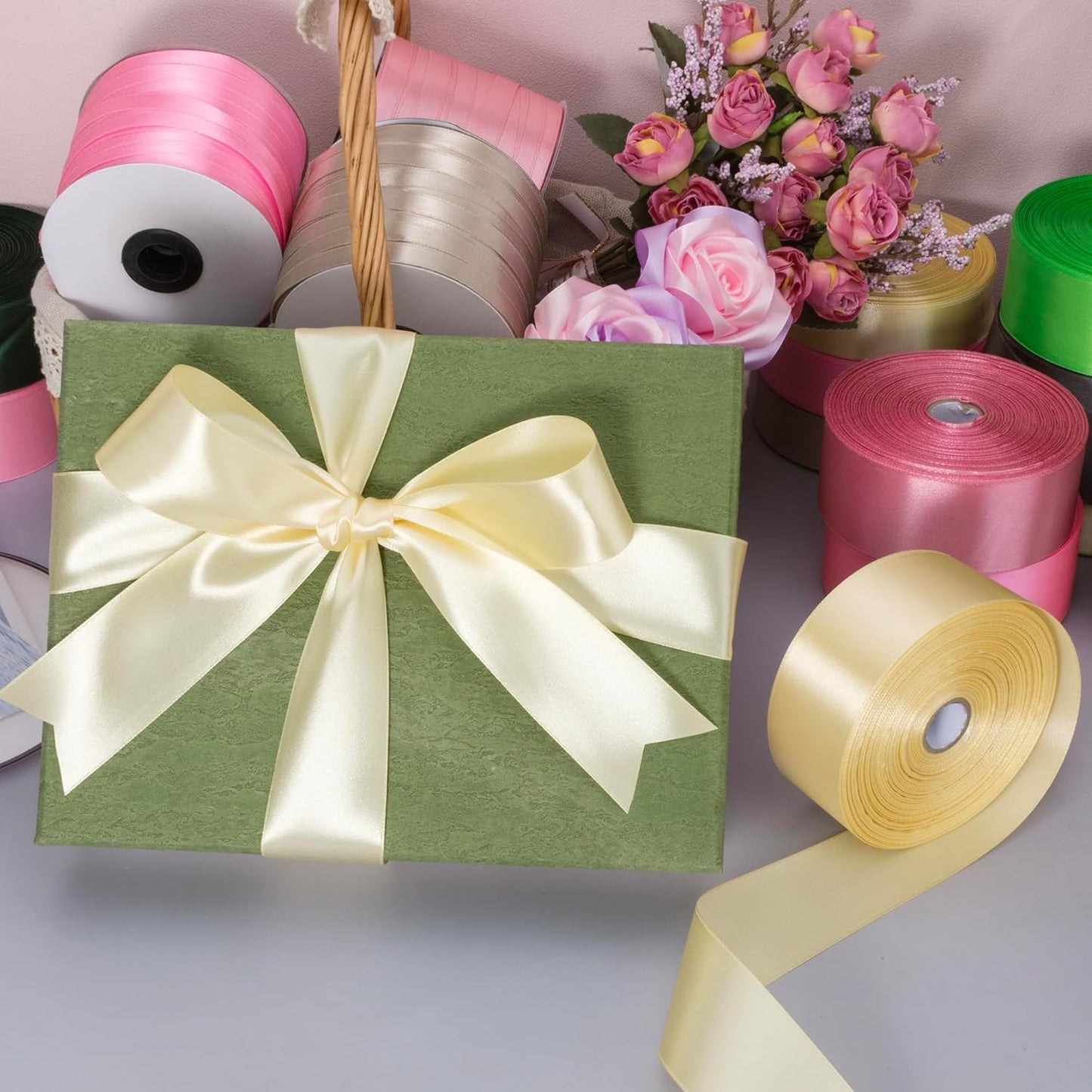 1 Inch Cream Yellow Solid Satin Ribbon, 50 Yards Craft Fabric Ribbon for Gift Wrapping Floral Bouquets Wedding Party Decoration