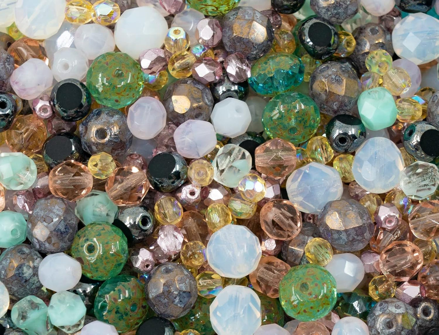 0.9 oz (25g) Gentle Mix of Faceted Fire Polished Czech Glass Beads (Round, Rondelle etc) 4-10mm, Light Pink Teal Yellow Opal