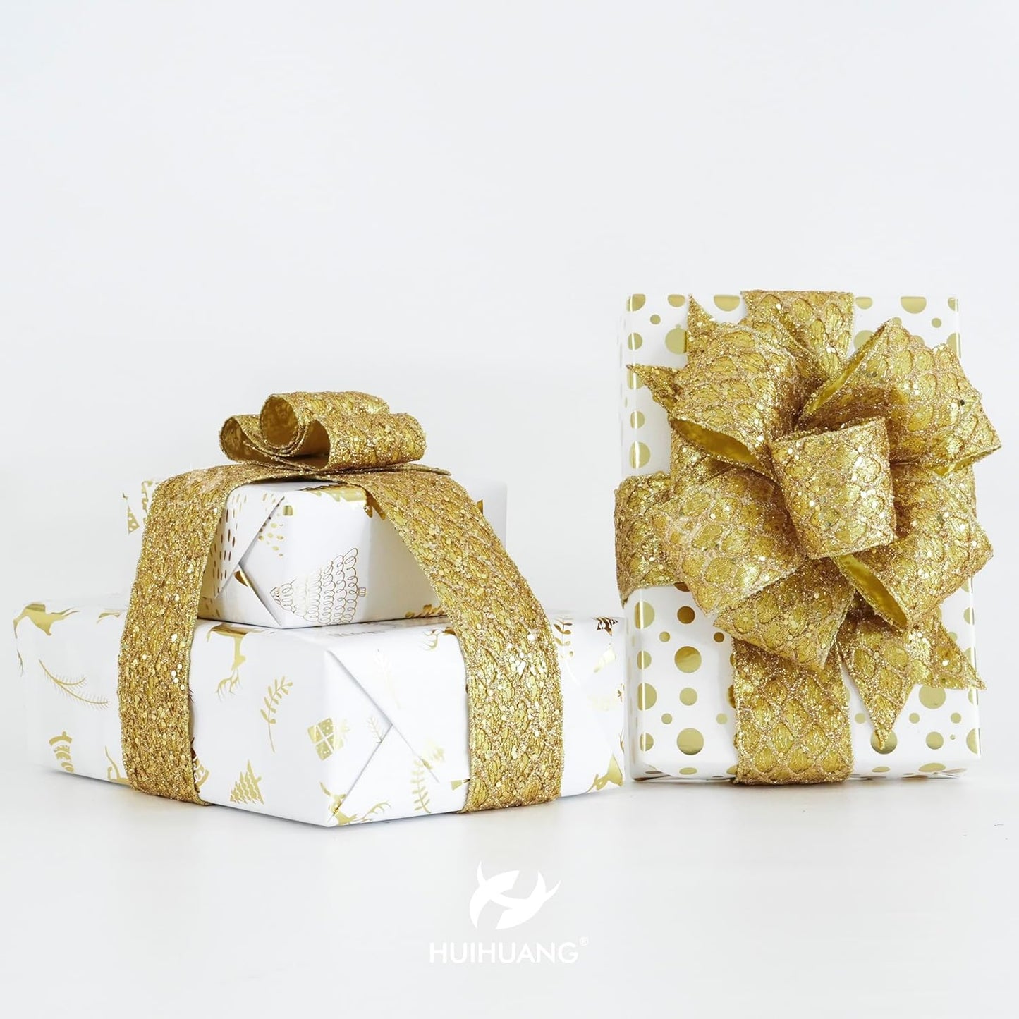 HUIHUANG Gold Glitter Wired Ribbon for Christmas Tree 2.5 inch Gold Diamond Mesh Ribbon for Tree Decoration, Wreaths, Garland, Gift Wrapping, Large Bows Making, Home Decor -10 Yards