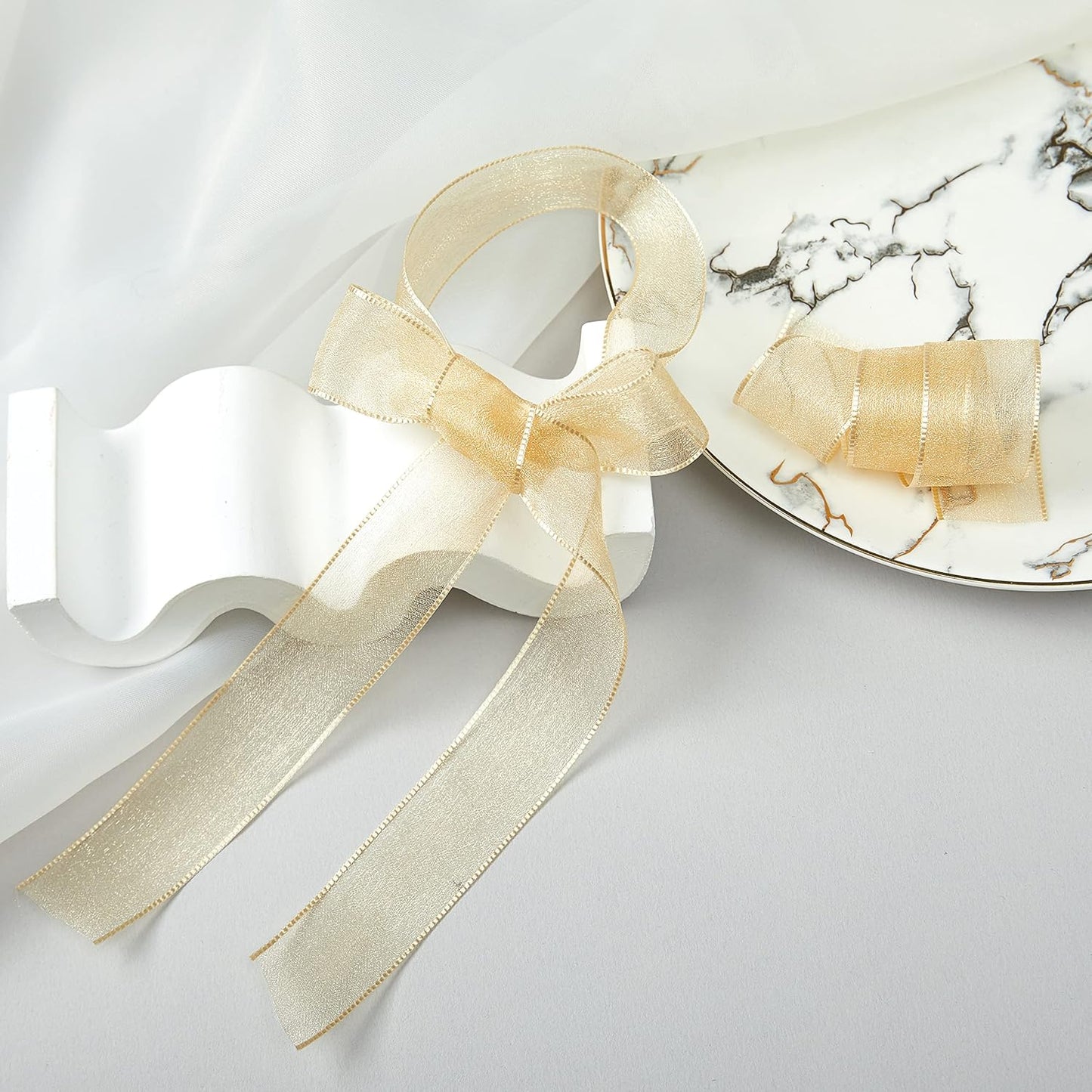 1 Inch Wide Sheer Chiffon Ribbon - Pearl Silk Woven Ribbon Suitable for Gift Wrapping, Wedding Decor, Home Decor, Girl Hair Accessories Handmade DIY (25 Yards/roll) (Champagne)