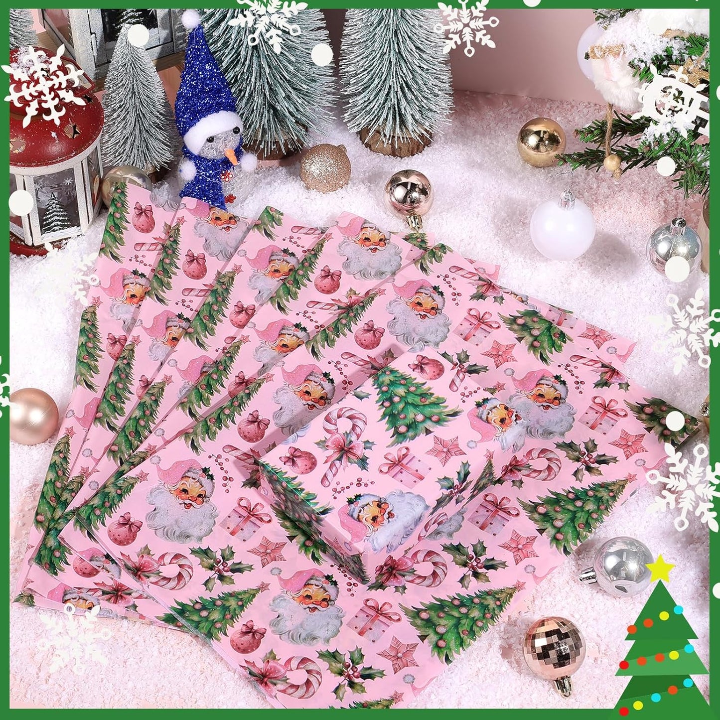 100 Sheets Pink Santa Tissue Paper, Santa Claus Xmas Tree Berries Bell Patterns Decorative Art Paper for Winter Home Party DIY Crafts Christmas Party Supplies, 13.8 x 19.7 Inch