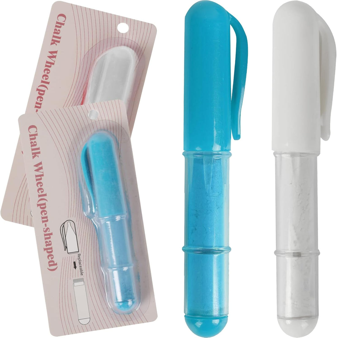 (2-pack) Fabric Chalk Markers -Erase Tailor’s Chalk for Quilting and Sewing - Compatible with Most Fabrics - With Dosing Wheel Technology, Blue & White