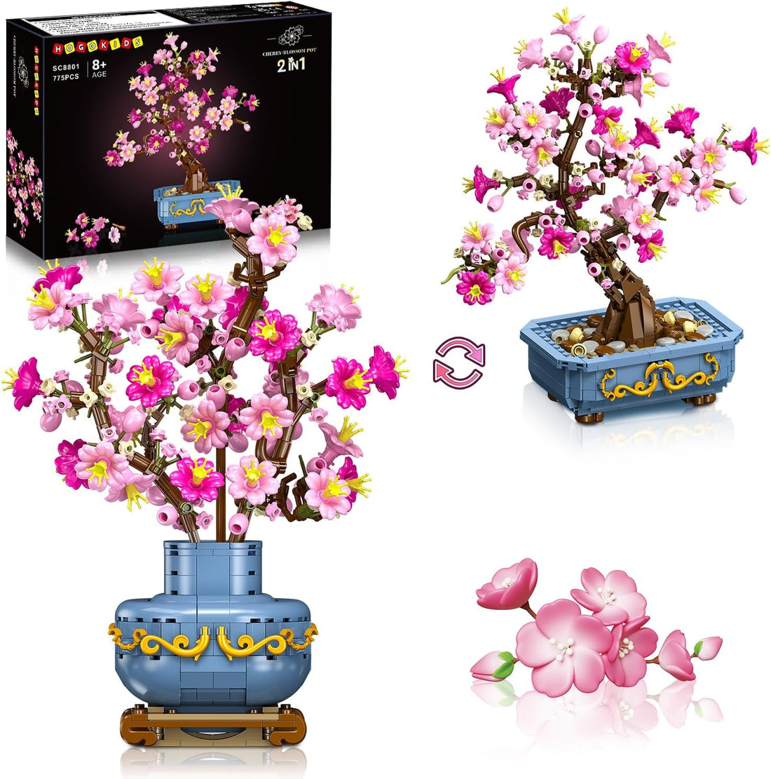 HOGOKIDS Flowers Cherry-Blossom Bonsai Building Set - 2 in 1 Artificial Bonsai Tree Plants for Home Decor & Display Cherry Botanical Flowers Building Toy Birthday Gift for Adults Teens (775PCS)