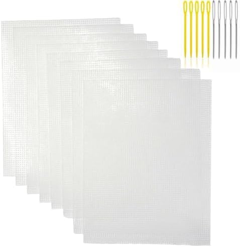 8 Plastic mesh Canvas Sheets for Embroidery Crafts, Acrylic Yarn Crafts, Knitting and Crochet Projects (9.92 x 13 inches, 10 Knitting Needles Included, Clear Color)
