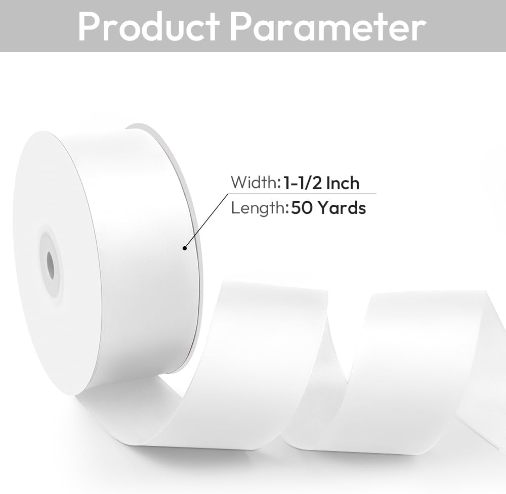 1-1/2" Width x 50 Yards Satin Fabric Ribbon, White Ribbon Perfect for DIY Bows, Swags, Gift Wrapping, Craft, Flower Bouquet，Christmas and Party Decoration