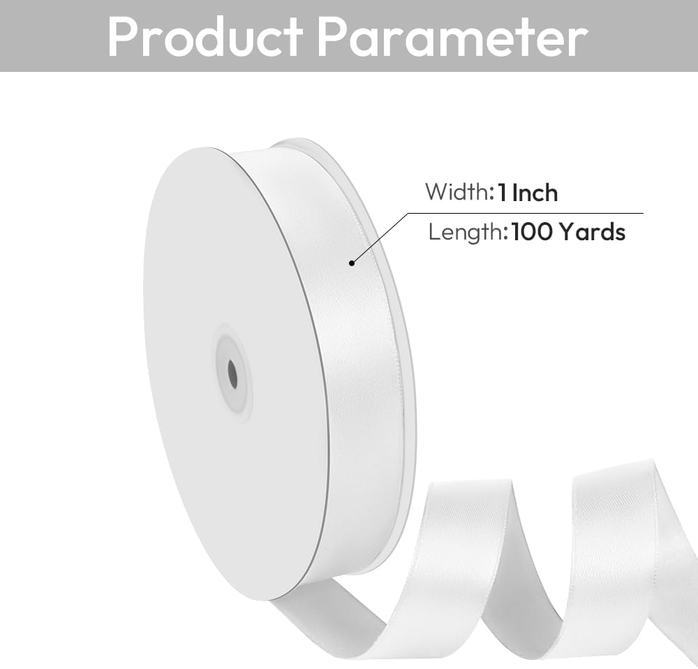 1" Width x 100 Yards Satin Ribbon, White Ribbon Perfect for DIY Craft, Bows, Gift Wrapping, Flower Bouquet, Valentine's Day, Christmas and Party Decoration