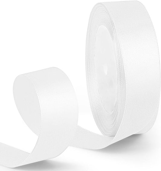 1 Inch 25 Yards Satin Ribbon White, Solid Color Fabric Ribbon for Gift Wrapping, Wedding, Polyester Gift Ribbon for Birthday Party Decoration, Craft, Hair, Floral, Sewing