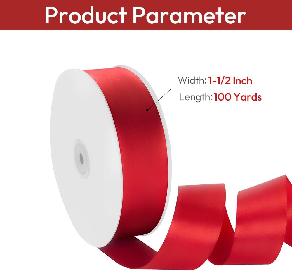 1-1/2" Width x 100 Yards Satin Ribbon, Red Ribbon Perfect for DIY Craft, Bows, Gift Wrapping, Flower Bouquet, Valentine's Day, Christmas and Party Decoration