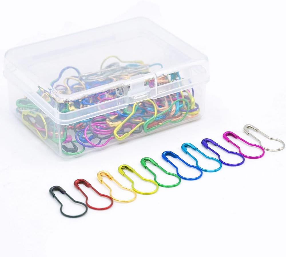 100 Pieces Safety Pins, Bulb Stitch Markers 10 Metalic Colors Assorted Metal Calabash Pins Pear Shape Knitting Pins for Crocheting Clothing Tag DIY Craft Project with Storage Box