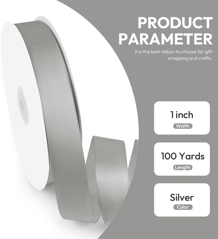 1" x 100 Yards Satin Ribbon - Silver Silk Ribbon with Spool - Ideal for Gift Wrapping, Floral Bouquets, Crafts, Wedding Party Decorations, Christmas and Sewing Projects
