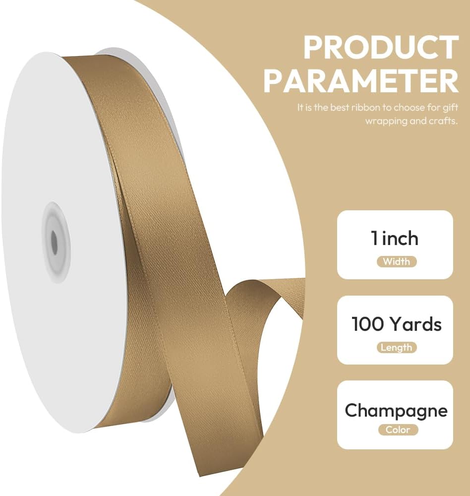1" x 100 Yards Satin Ribbon - Champagne Gold Silk Ribbon with Spool - Ideal for Gift Wrapping, Floral Bouquets, Crafts, Wedding Party Decorations, Christmas and Sewing Projects