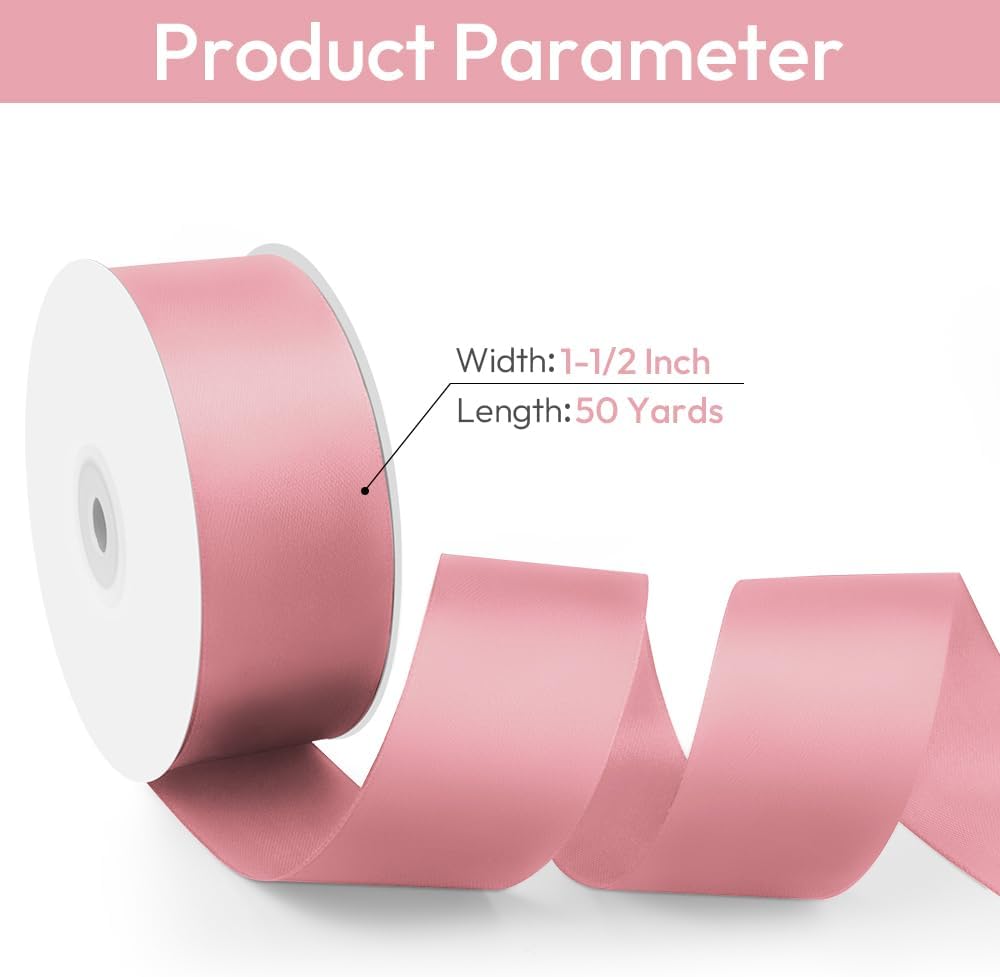 1-1/2" Width x 50 Yards Satin Fabric Ribbon, Pink Ribbon Perfect for DIY Bows, Swags, Gift Wrapping, Craft, Flower Bouquet，Christmas and Party Decoration