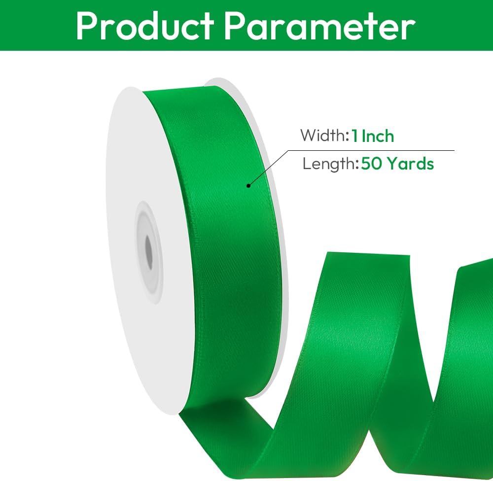 1" Width x 50 Yards Satin Fabric Ribbon, Green Ribbon Perfect for DIY Bows, Swags, Gift Wrapping, Craft, Flower Bouquet，Christmas and Party Decoration
