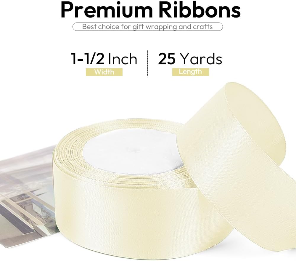 1-1/2 Inch 25 Yards Satin Ribbon Ivory, Solid Color Fabric Ribbon for Gift Wrapping, Wedding, Polyester Gift Ribbon for Birthday Party Decoration, Craft, Hair, Floral, Sewing