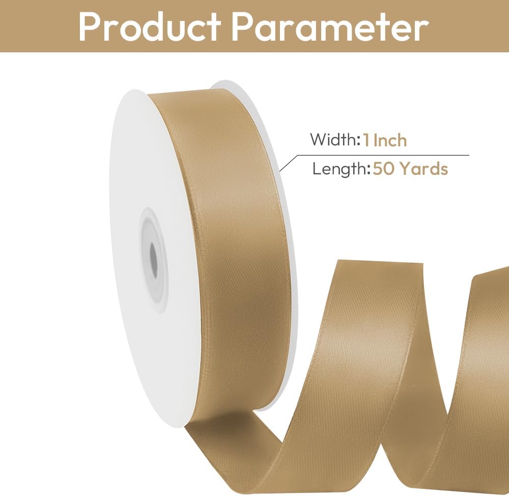 1" Width x 50 Yards Satin Fabric Ribbon, Champagne Gold Ribbon Perfect for DIY Bows, Swags, Gift Wrapping, Craft, Flower Bouquet，Christmas and Party Decoration