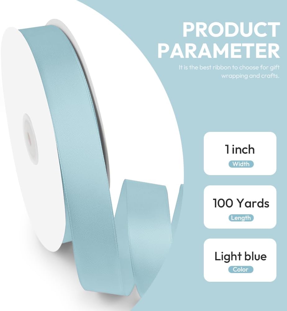 1" x 100 Yards Satin Ribbon - Lihgt Blue Silk Ribbon with Spool - Ideal for Gift Wrapping, Floral Bouquets, Crafts, Wedding Party Decorations, Christmas and Sewing Projects