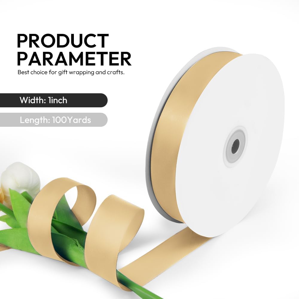 1 Inch 100 Yards Satin Ribbon Light Gold, Solid Color Fabric Ribbon for Gift Wrapping, Wedding, Polyester Gift Ribbon for Birthday Party Decoration, Craft, Hair, Floral, Sewing