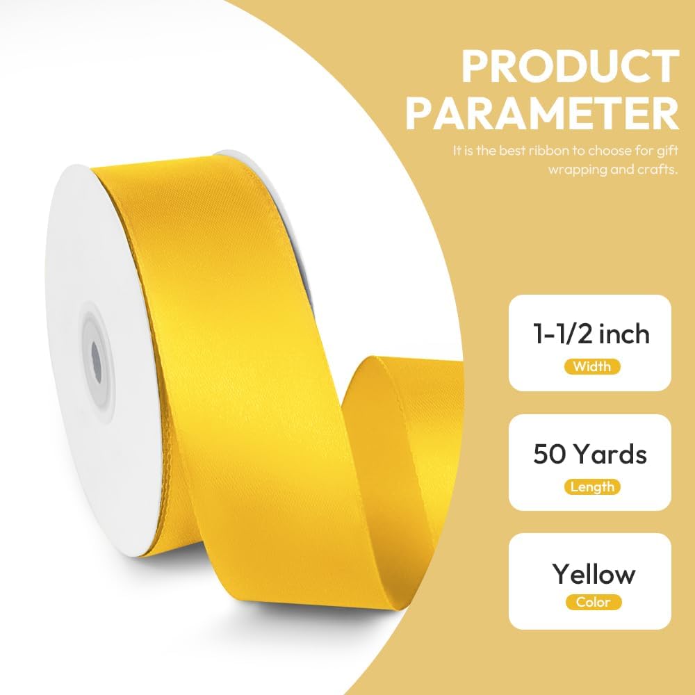 1-1/2" x 50 Yards Satin Ribbon - Yellow Silk Ribbon with Spool - Ideal for Gift Wrapping, Floral Bouquets, Crafts, Wedding Party Decorations, Christmas and Sewing Projects