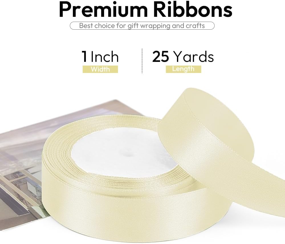 1 Inch 25 Yards Satin Ribbon Ivory, Solid Color Fabric Ribbon for Gift Wrapping, Wedding, Polyester Gift Ribbon for Birthday Party Decoration, Craft, Hair, Floral, Sewing