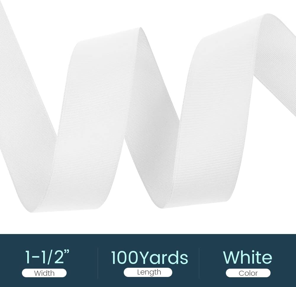 1-1/2" X 100 Yards White Grosgrain Ribbon, Premium Grosgrain Ribbon for Sewing, Gift Wrapping, Bow Making, Wedding Decor, Wrapping and More (White)