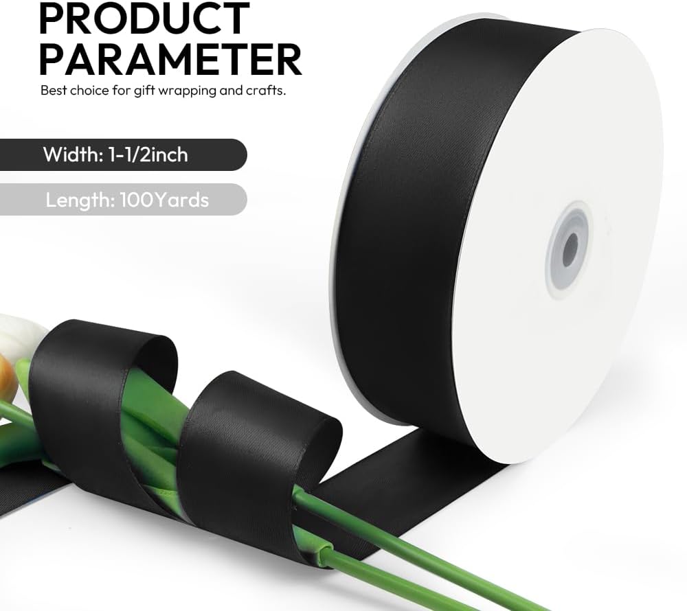 1-1/2 Inch 100 Yards Satin Ribbon Black, Solid Color Fabric Ribbon for Gift Wrapping, Wedding, Polyester Gift Ribbon for Birthday Party Decoration, Craft, Hair, Floral, Sewing