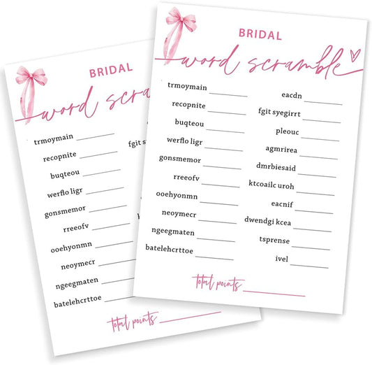 Bridal Shower Games Cards, Bridal Word Scramble, 25 Cards with 1 Answer Card, Engagement Party Games for Guests, Pink Ribbon Bow Wedding Party Supplies - E14