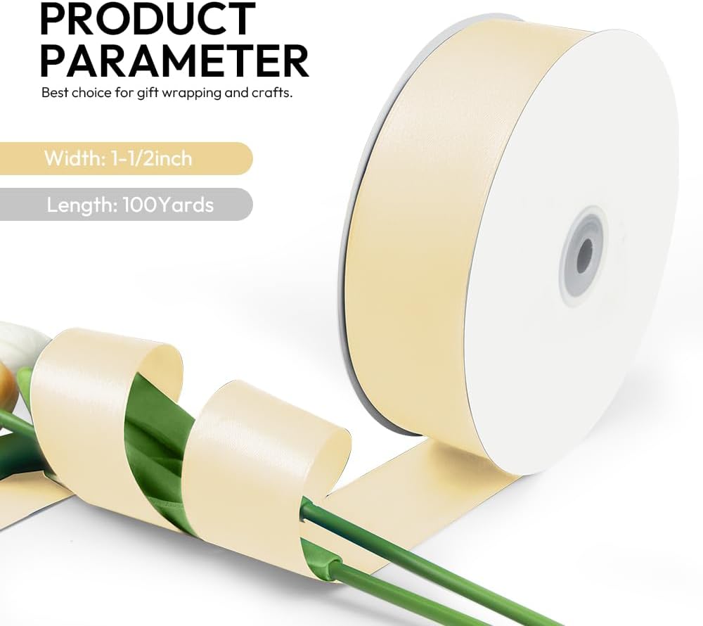 1-1/2 Inch 100 Yards Satin Ribbon Ivory, Solid Color Fabric Ribbon for Gift Wrapping, Wedding, Polyester Gift Ribbon for Birthday Party Decoration, Craft, Hair, Floral, Sewing