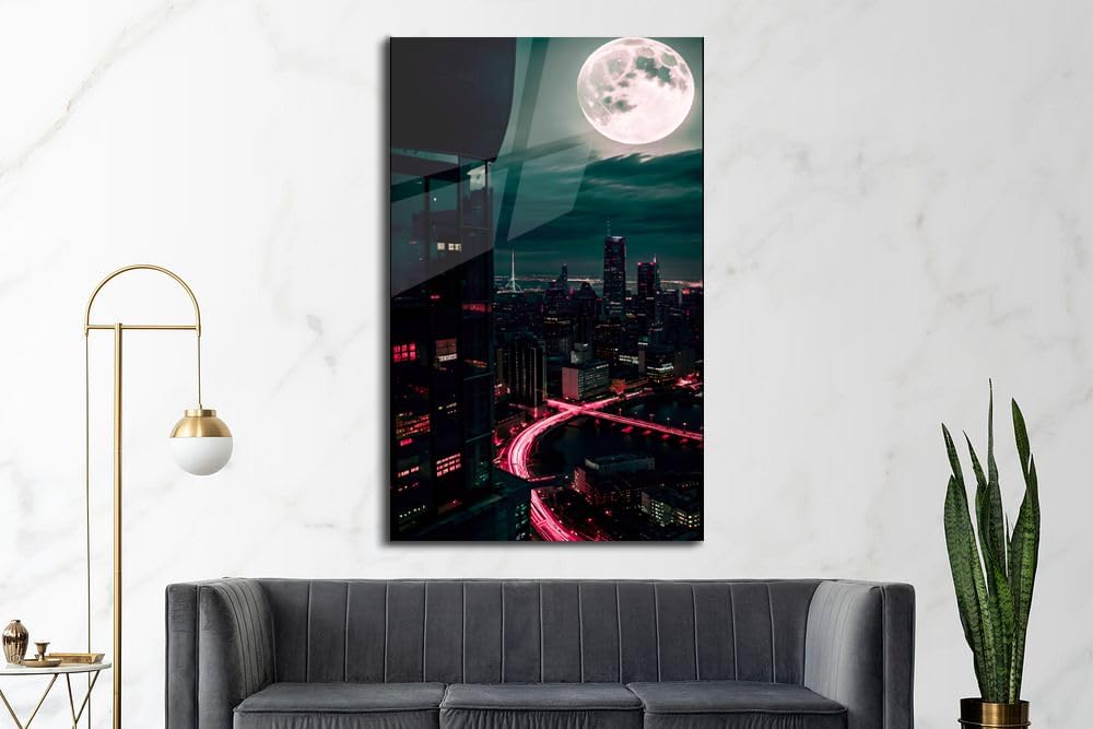 SpiritualHands Moon And City Glass Wall Art Painting for Living Room, Tempered Glass Modern Prints Decor, Large Vivid Color Panel for Bedroom, Kitchen, or Office