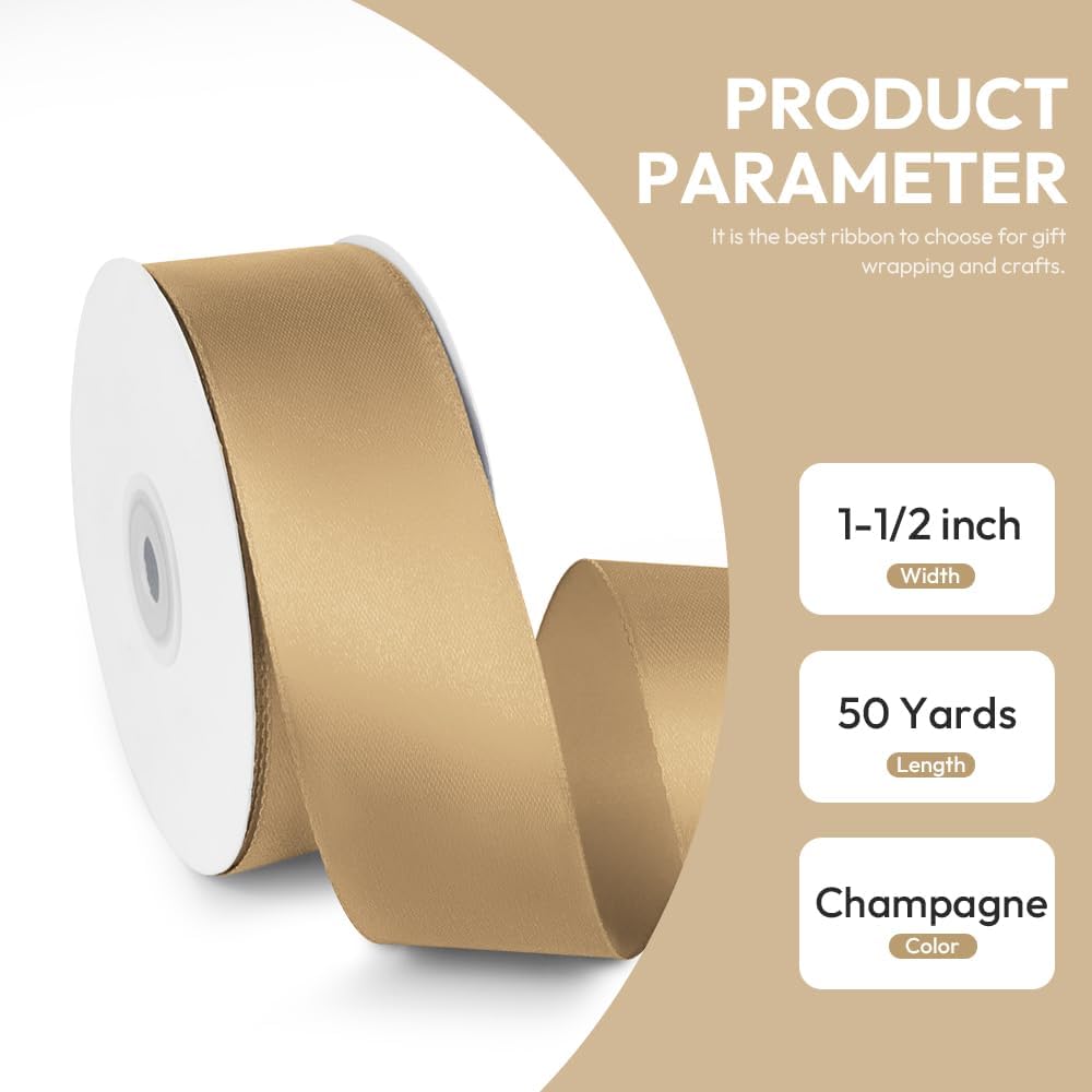 1-1/2" x 50 Yards Satin Ribbon - Champagne Gold Silk Ribbon with Spool - Ideal for Gift Wrapping, Floral Bouquets, Crafts, Wedding Party Decorations, Christmas and Sewing Projects