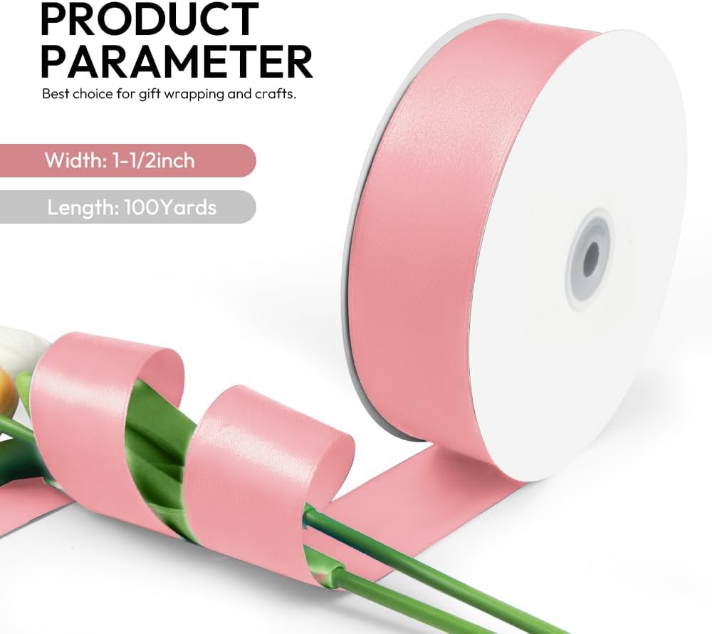 1-1/2 Inch 100 Yards Satin Ribbon Dusty Pink, Solid Color Fabric Ribbon for Gift Wrapping, Wedding, Polyester Gift Ribbon for Birthday Party Decoration, Craft, Hair, Floral, Sewing