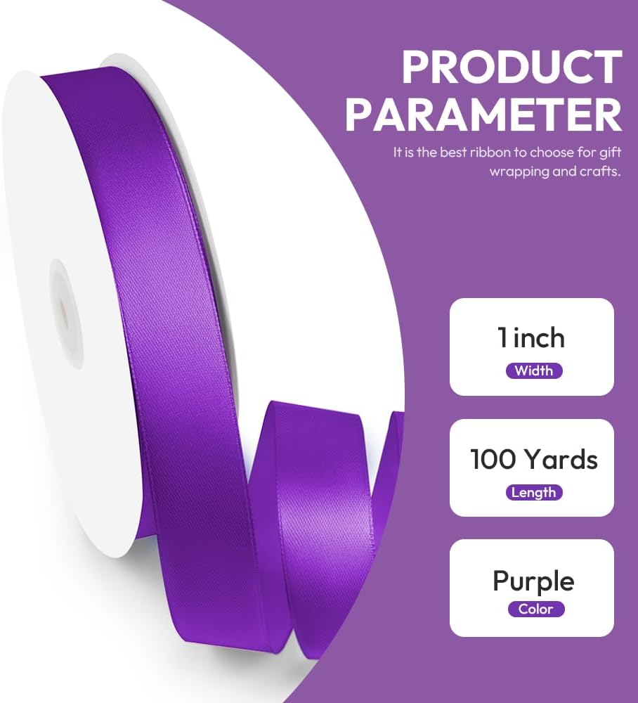 1" x 100 Yards Satin Ribbon - Purple Silk Ribbon with Spool - Ideal for Gift Wrapping, Floral Bouquets, Crafts, Wedding Party Decorations, Christmas and Sewing Projects
