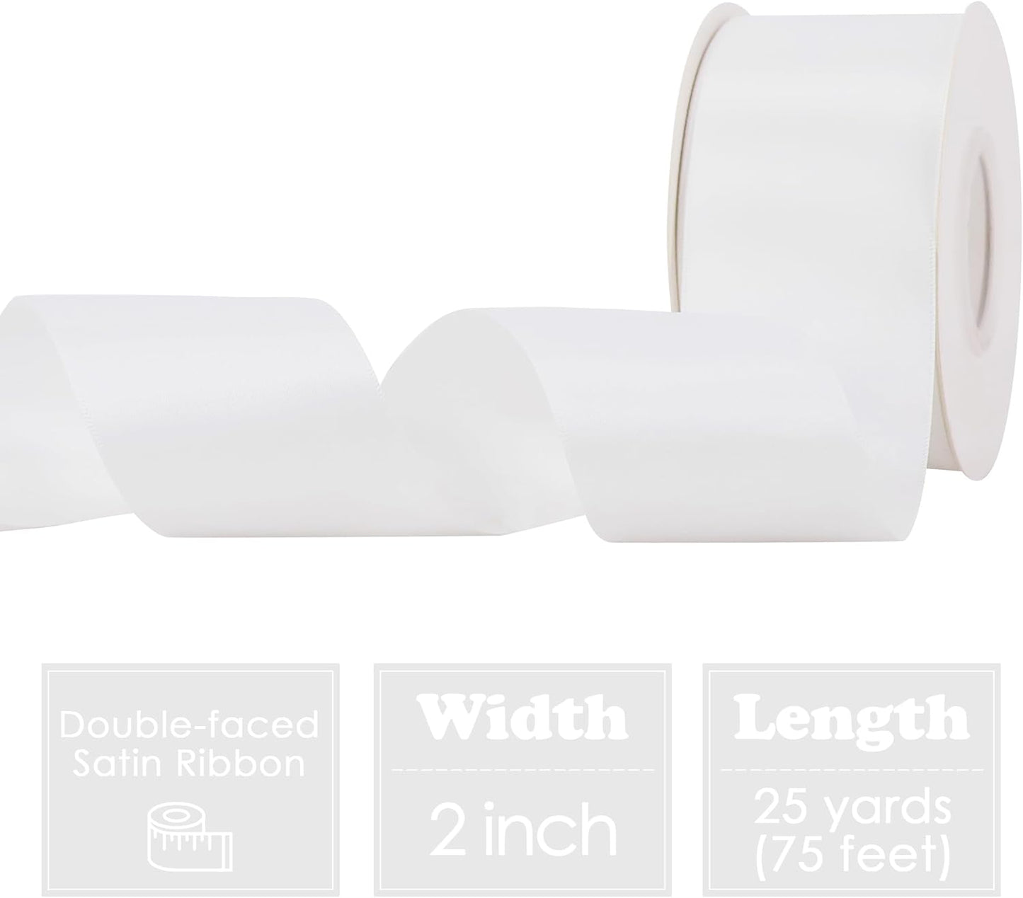 HUIHUANG White Satin Ribbon 2 inch Wide Double Side White Silk Fabric Ribbon for Crafts, Bows Making, Flower Bouquet Wrap, Gift Wrapping, Wedding Bridal Shower Decor, Home Decor -25 Yards/Roll