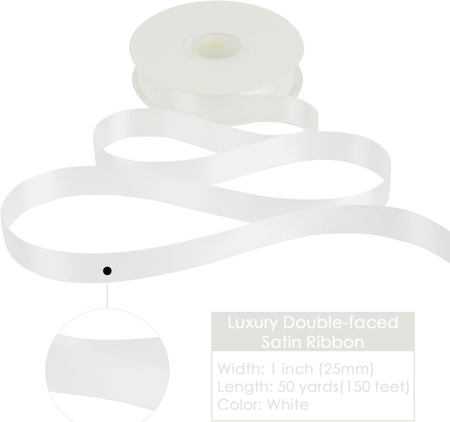 HUIHUANG White Satin Ribbon 1 inch x 50 Yards Double-Faced Polyester Silk Satin Ribbon for Gift Wrapping, Invitations, Hair, Bows Making, Holiday Decor, Flower Bouquet